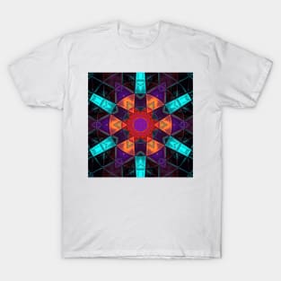 Mosaic Kaleidoscope Flower Blue Red Purple and Orange T-Shirt